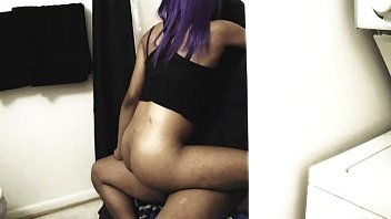 ⁣Purple Hair Black Emo Rides Dick Hard In Public Bathroom