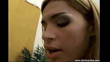 Male Slut Spit Roasted By Two Shemales