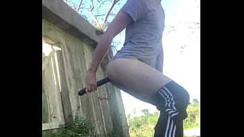 Public Faggot Playing Outside With Dildo