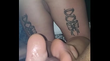 Reverse Foot Job With Oil On Long Black Cock