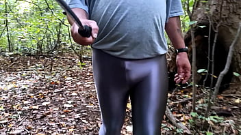 Hiking The City Park In Shiny Sliver Leggings