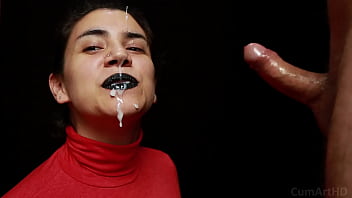 Cfnm – Red Turtleneck, Black Lips – Handjob Cum Mouthful Cum On Clothes