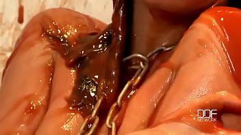 ⁣Chained Babe Peeing _ Bathing In Red Juice
