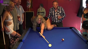 Public: Bareback Fuck Orgy In The Billiard Cafe! 3 Girls Are Fucked Hard By 10 Men! Part 1
