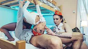 Two Glamorous Flight Attendants Fuck Lucky Dude In A Hostel – Caroline Mann, Lindsey Cruz