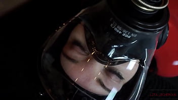 Extra Kinky Slippery Latex Sack With Gas Mask And Lesbian Edging