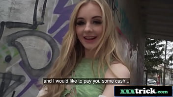 Blonde British Teen Pulls Panties To The Side For Money