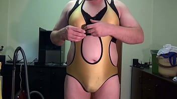 Fake Boobs E-cup: Wet Sheer Swimsuit Over Big Strapon Tits. Shaved Chubby Crossdresser Sissy Tobi00815 (050)