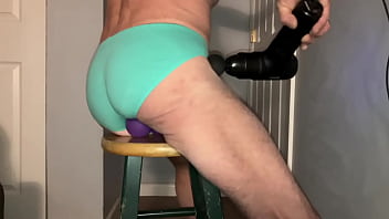 Stretching On Stool Again In Undies With Balls And Massager