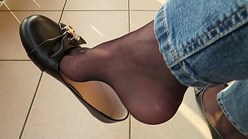 Balcony Shoeplay By Isabelle-sandrine, She Wears Her Black Leather Ballet Flats, Black Nylons And Jeans