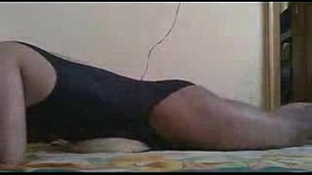⁣Horny Boy In Black One Piece Swimming Costume And Masturbating With Horn Sound